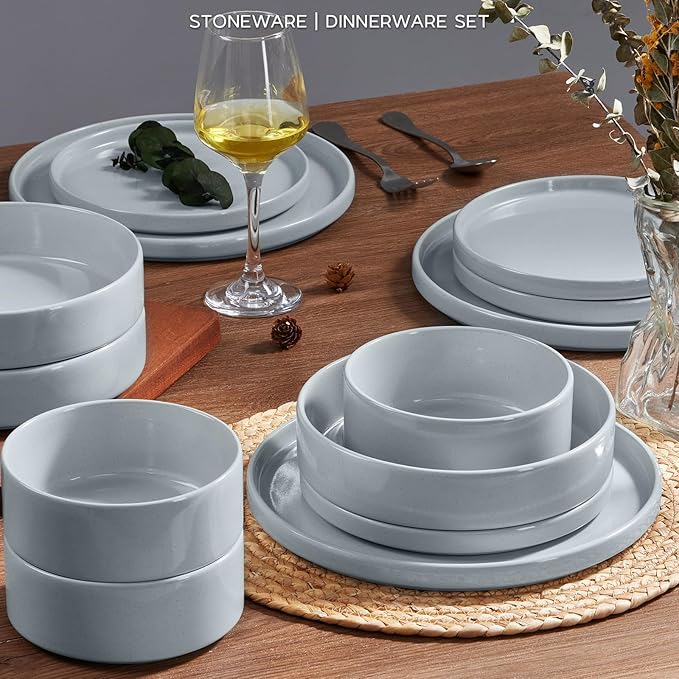 Onader Dinnerware sets, 24 Piece Plates and Bowls, Stoneware Kitchen Dinner Dish Set for 6, Ceramic Speckled Dinnerware with Pasta Bowl - Slate Gray