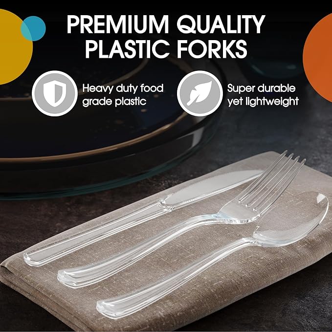 Party Solids Clear Plastic Silverware Heavy Duty 150 Pieces Clear Disposable Silverware Heavy Duty, Utensil Sets, 50 Of Each Forks, Knives & Spoons Disposable Cutlery Set For Party Supplies