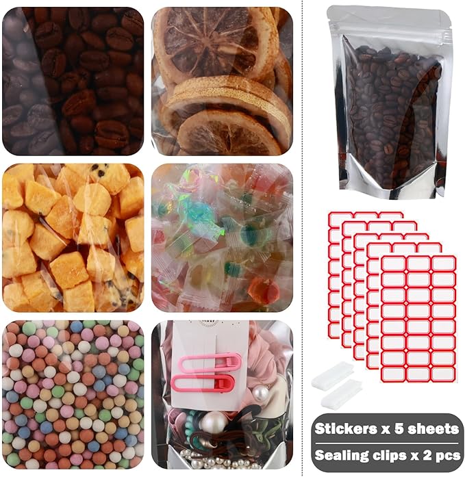 150-pack 5.9” x 8.7” Stand Up Mylar Bags with Clear Window Resealable Silver Aluminum Foil Pouches for Food Storage Smell Proof Edible Packaging Bag for Jewelry and Small Business, Bulk