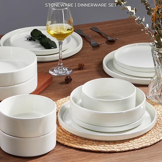 Stoneware Dinnerware Sets for 2, Onader Speckled Plates and Bowls, 8 Pieces Ceramic Dish Dinner Set with Pasta Bowl, Microwave & Dishwasher Safe - Cloud White