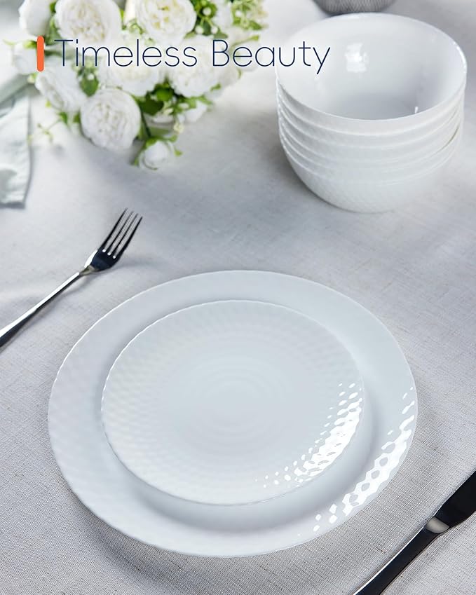 Dinnerware Sets for 4, Light & Durable 12 Pieces Opal Glass Plates and Bowls Set, Dishwasher and Microwave Safe Ribbed Dish Dinning Ware, Thin but Strong Geometric Faceted White