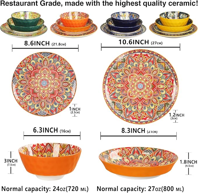 Mandala Dinnerware Sets (16 PCS) Serves for 4, Porcelain Dishes Set, Microwave and Dishwasher Safe, Scratch Resistant, Bohemian Style Dining Ware Service for 4, Colorful No.3