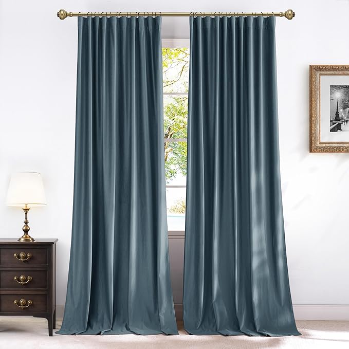 NICETOWN Slate Blue Velvet Curtains 84 inch Long 2 Panels, Back Tab Rod Pocket Pinch Pleated Blackout Window Treatment for Living Room and Sliding Glass Door, Soft Touch Luxurious Drapes, W52” x L84“