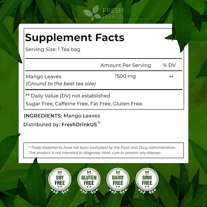 FreshDrinkUS, Premium 100 Mango Leaf Tea Bags, Hojas de Mango secas, 100% Natural & Pure, Loose Leaf Herbal Tea. Non GMO, No Sugar, No Caffeine, No Gluten, Vegan