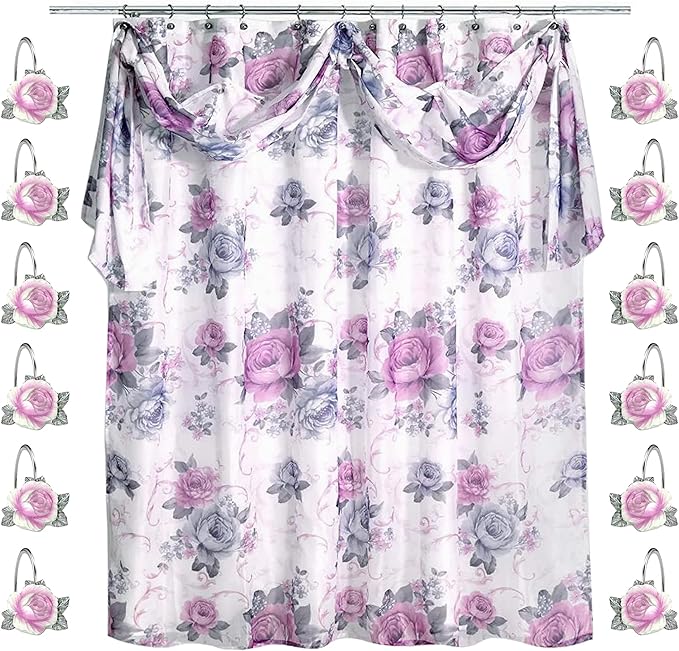 Zahari Home 13pc Michelle Bathroom Shower Curtain Sets Shower Curtain & 12 Shower Bathroom Hooks Modern Classic Luxury Contemporary Decor Floral Shower Curtain Stylish Bath Sets