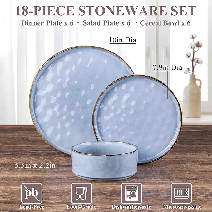 Herogo 18 Pieces Dishes Sets for 6, Stoneware Dinnerware Dishwasher & Microwave Safe, Ceramic Plates and Bowls Sets for Kitchen Restaurant, Haze Blue