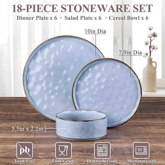 Herogo 18 Pieces Dishes Sets for 6, Stoneware Dinnerware Dishwasher & Microwave Safe, Ceramic Plates and Bowls Sets for Kitchen Restaurant, Haze Blue