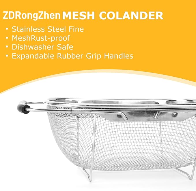 ZDRongZhen Kitchen Accessories Over the Sink Colander Strainer Basket，Stainless Steel Colander with Expandable Rubber Grip Sink Drainer-Rinse Vegetables Fruits &Strain&Drain (Medium-Fine mesh)