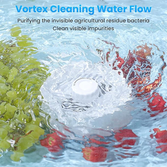 Fruit and Vegetable Washing Machine. Rotatable Fruit and Vegetable Purifier. The Fruit Cleaner Device Automatically Turns on in The Water. Use Water Rotator and OH ion Purification Technology