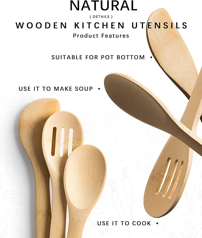 Wooden Spoons for Cooking, 3PCS Wooden Utensil Set Includes Slotted Spoon, Wooden Spoon & Wooden Spatula, Bamboo Cooking Utensils for Non-Stick Pans, Natural Bamboo Utensils
