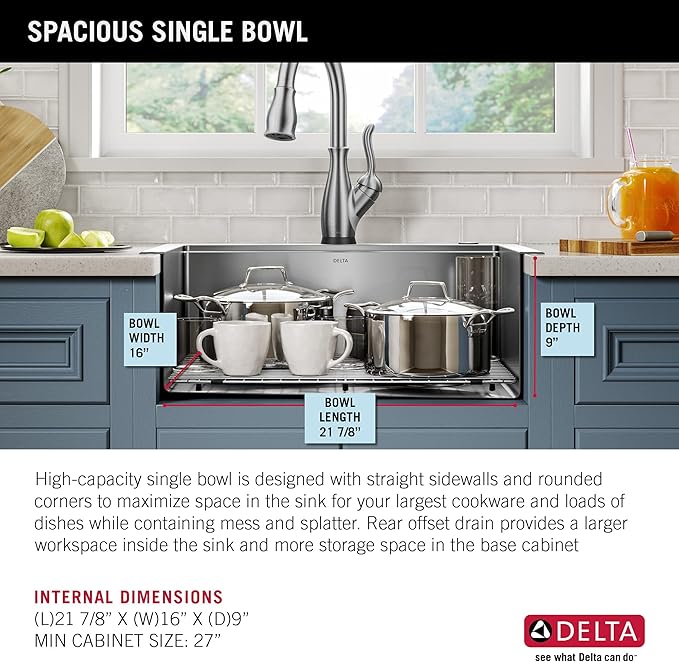 DELTA FAUCET 95A932-25S-SS Lorelai Workstation Kitchen Sink Drop-in Top Mount Stainless Steel Single Bowl with WorkFlow Ledge and Chef’s Kit of 5 Accessories
