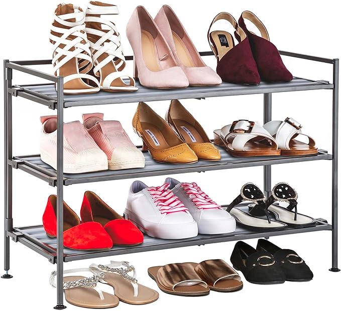 Seville Classics Sturdy Freestanding Storage Shelf for Bedroom, Closet, Entryway, Dorm Room Organizer Stackable Durable Metal Shoe Rack Silver Mist Slat, 3-Tier