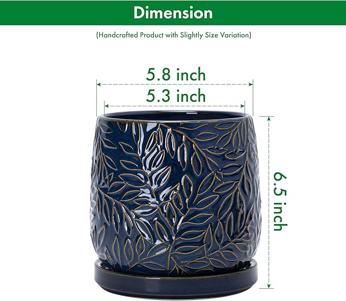 D'vine Dev 6 Inch Embossed Leaves Stoneware Planter Pot with Drainage Hole and Saucer, Midnight Blue, Set of 2, 27-F-X-3