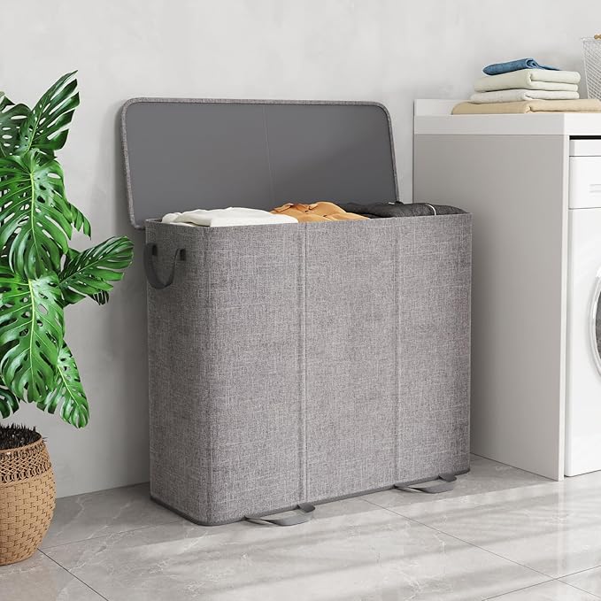 Lifewit Triple Laundry Hamper with Lid and Removable Laundry Bags, Large Collapsible 3 Dividers Dirty Clothes Basket with Handles for Bedroom, Laundry Room, Closet, Bathroom, College, 185L Gray