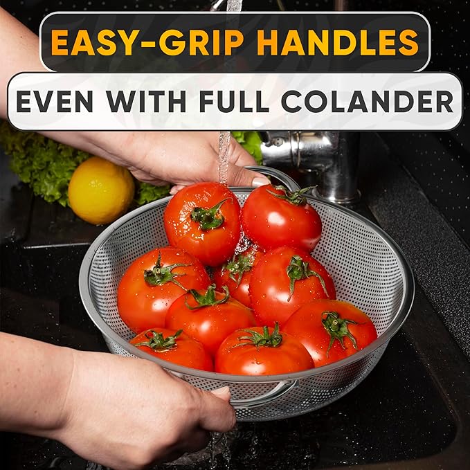 Stainless Steel Colander for Kitchen - 5Qt Rice Strainer With Handles, Perforated Design, Dishwasher Safe, Rust-Resistant - Versatile Stainless Steel Strainer for Grains, Spaghetti, Veggies & Fruits