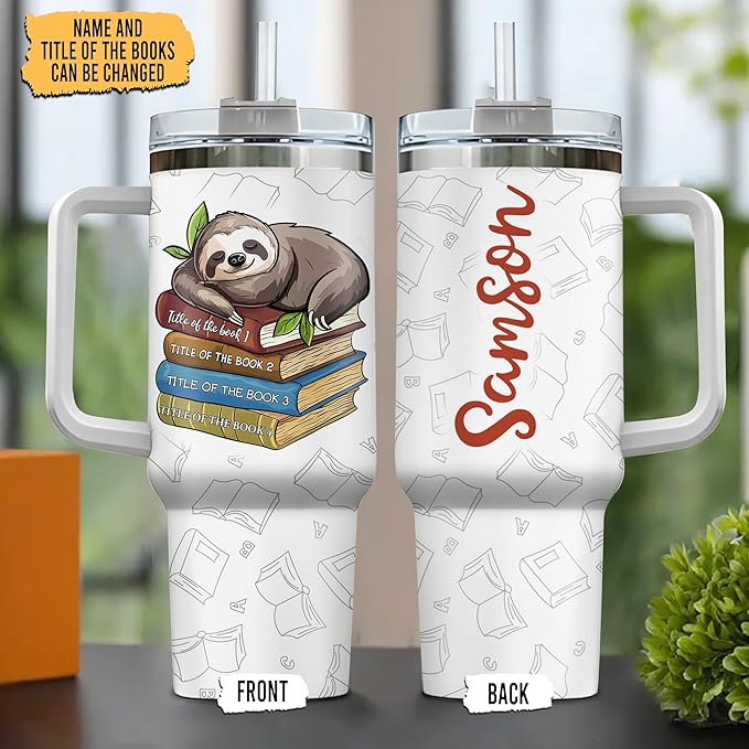 Personalized Sloth Tumbler 40oz with Handle & Straw - Cute Sleeper Sloth & Books Tumbler - Valentine Mother Father's Day Birthday Gifts - Custom Name Stainless Steel Travel Coffee Cup