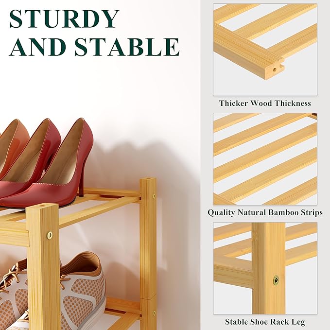 Smiry Shoe Rack, 6 Tier Small Bamboo Shoe Organizer, Stackable Free Standing Wooden Shoe Storage Shelf for Closet, Entryway, Front Door Entrance, Natural