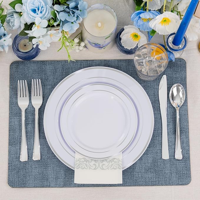 Supernal 800Pcs Silver Plastic Plates,Silver Plastic Dinnerware Set,Disposable Silvery Plates Include 100 Dinner Plate,100 Salad Plate,100 Spoons,200 Forks,100 Knives,100 Cups,100 Napkins for Party