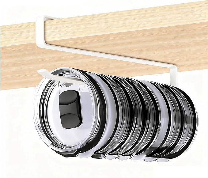 Tumbler Lid Organizer Rack for Cabinet, No-Drill Holder Holds 10 Lids for Stanley Yeti Ozark Trail - Space Saving & Anti-Drop Under Cabinet Storage, Adjustable Rustproof Metal Organizer