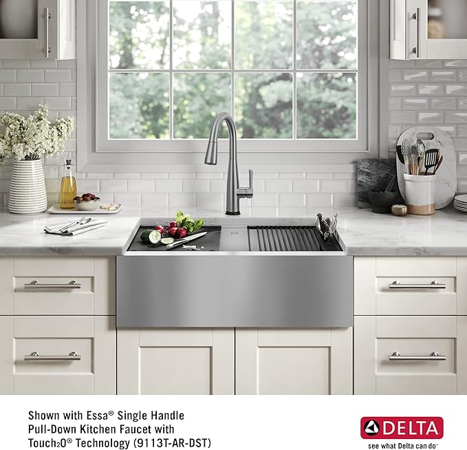 DELTA FAUCET Rivet 30-inch Workstation Farmhouse Apron Front Kitchen Sink Undermount 16 Gauge Stainless Steel Single Bowl with WorkFlow Ledge and Kit of 5 Accessories, 95C9031-30S-SS