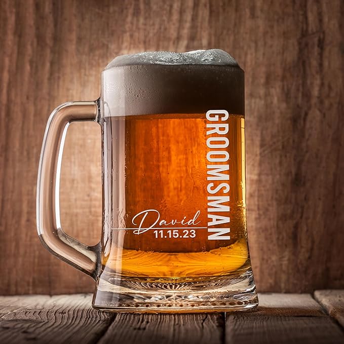 Groomsmen Gifts - Personalized Beer Mugs - Groomsmen Proposal Gift Idea - Customized Gift for Groom, Best Man, Groomsman - Custom Engraved Beer Mugs for Grooms Men - Groomsmen Beer Glasses (Design D)