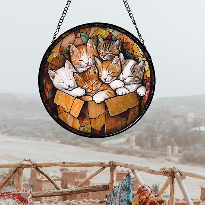 Stained Glass Window Hanging 6 Cute Kittens Large 11.8" - Cat Gift Suncatcher Door Sun Catcher Decor Birthday Christmas for Lost Pets Mom Men Woman Friend