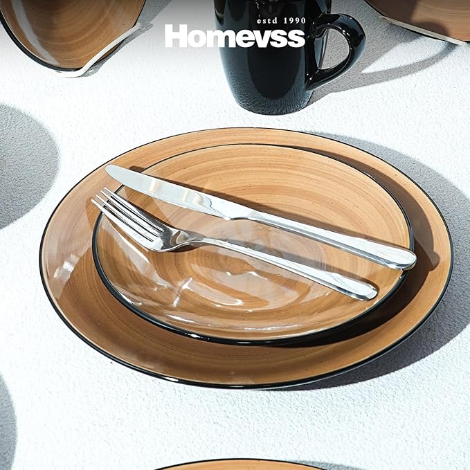 Sonoma 16pc Stoneware Dinnerware Set, Outside Black + Inside Hand Painting Color Mocha
