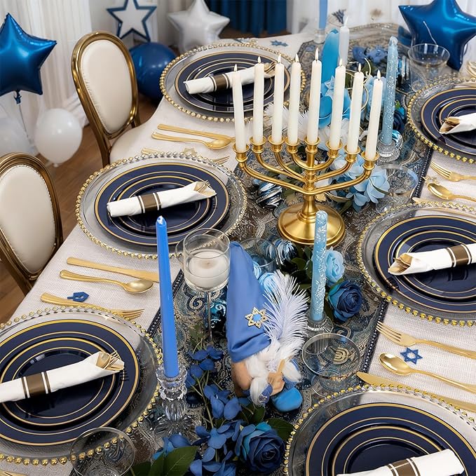 350PCS Navy Blue and Gold Plastic Plates with Rolled Napkins Include Dinner Plate 10’’, Dessert Plate 7’’, gold Cups 9 OZ, Pre Rolled Napkins 25 of each type for Hanukkah Wedding