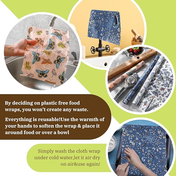 Moukeren 3 Rolls Beeswax Wraps for Food Assorted Organic Cotton Reusable Beeswax Food Wrap Sustainable Wax Paper Wrappers Plastic Silicone Free for Bread Cheese, 13 x 40 (Butterfly)
