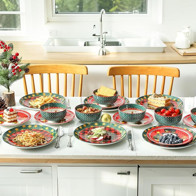 glowworm Christmas Dinnerware Sets for 6, 18 Pieces Plates and Bowls Set, Ceramic Dishes Set for 6, Oven, Microwave & Dishwasher Safe