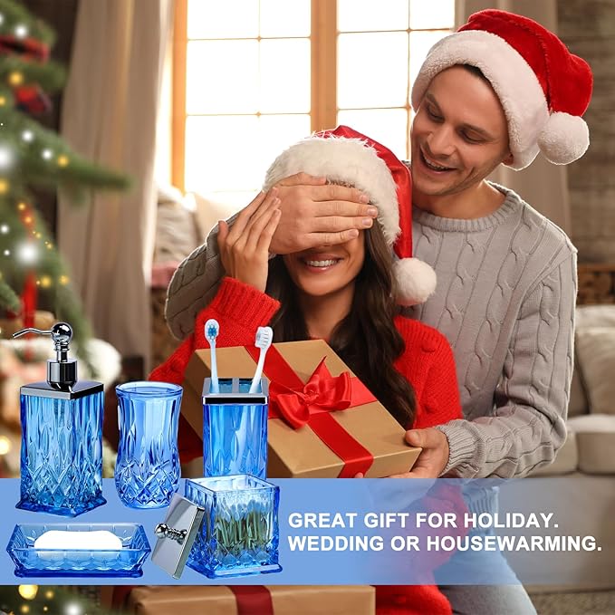 Bathroom Accessories Set,5 Pcs Blue Glass Bathroom Accessory Set,Complete Lotion Soap Dispenser, Toothbrush Holder,Soap Dish,Tumbler & Jar,Modern Bathroom Decor Sets,Gift for Home Apartment,Square