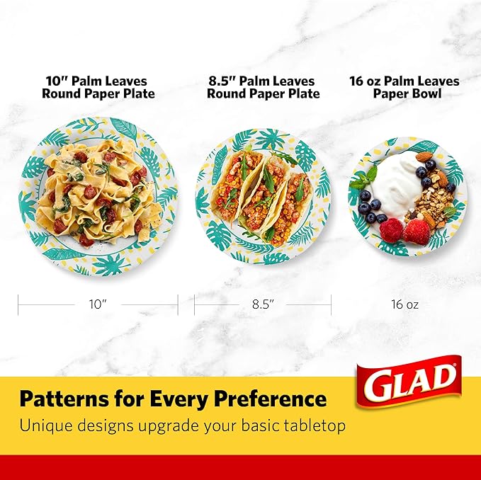 Glad Round Disposable Paper Plates, Palm Leaves Pattern - Strong, Sturdy, Soak Proof, and Microwavable Decorative Plates for Dinner and Everyday Use, 10 Inch, 50 Count - 12 Pack