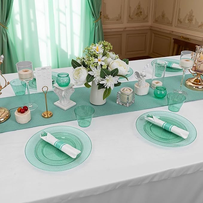 DaYammi 350 Pieces Green Glitter Dinnerware Set 50 Guest for Party- 50 Dinner Plates, 50 Dessert Plates -50 Per Rolled Napkins with Green Cutlery - 50 Disposable Cups 9 OZ