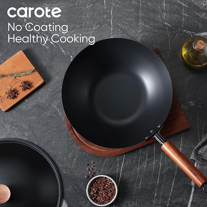 CAROTE 12.5" Carbon Steel Wok Pan, 6.5QT Woks & Stir-fry Pans, No Chemical Coated Pre-Seasoned Flat Bottom Wok with Lid for Stir Fry, BBQ, Grill & Camping, All Stovetop Compatible, Black