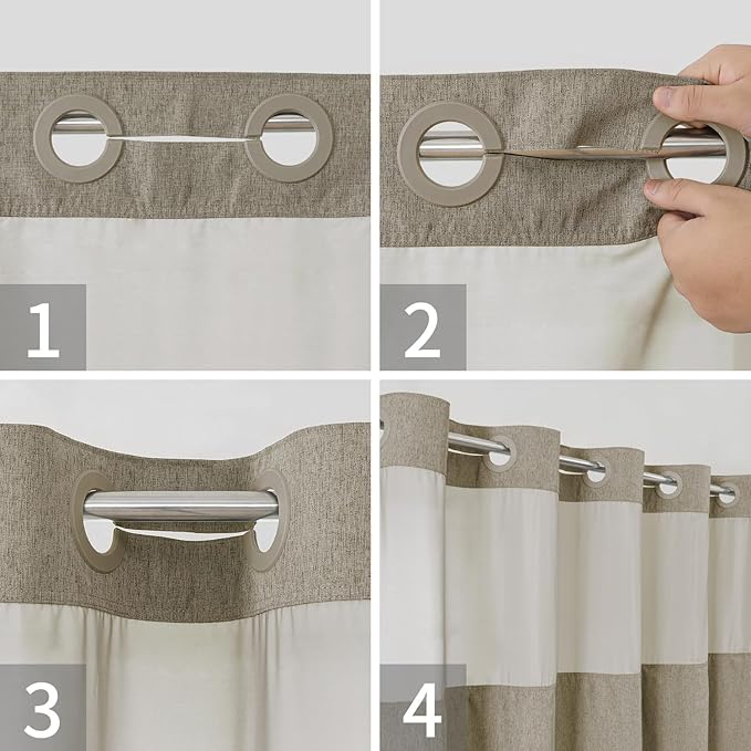 Long No Hooks Needed Linen Textured Shower Curtain with Snap-in Fabric Liner Set,Hotel Luxury Decor Shower Curtains for Bathroom,Waterproof & Washable,71Wx80H,Khaki/Tan