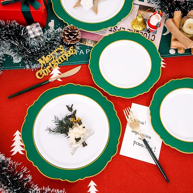 WDF 30Guest Christmas Plates Disposable - Gold Plastic Silverware With Green Handle - Baroque Green &Gold Plastic Dinnerware for Christmas Plates Party