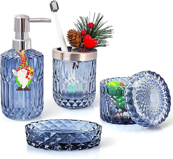 Blue Bathroom Accessories Set, 4Pcs Clear Glass Bathroom Accessories, Lotion Soap Dispenser Set, Toothbrush Holder, Qtips Holder, Soap Dish for Crystal Modern Bath Decor, Set