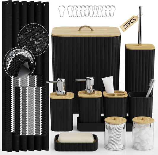 Bathroom Accessory Set - 25PC Bathroom Sets with Shower Curtain and Rugs, Black Bathroom Set, Bathroom Accessories Set, Shower Curtain Sets with Rugs, Bathroom Trash Can & Soap Dispenser