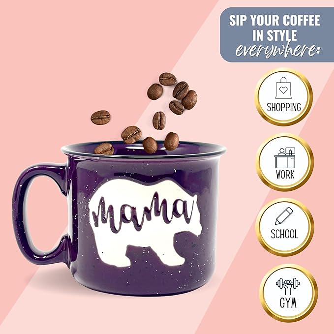 Mama Bear Ceramic Coffee Mug for Mom, Wife, Women – Unique Plum Ceramic Mug – Fun Gifts for Her on Mother’s Day, Birthday, or Christmas – Cute Coffee Cup for Moms, Wives, and Coffee-Loving Women
