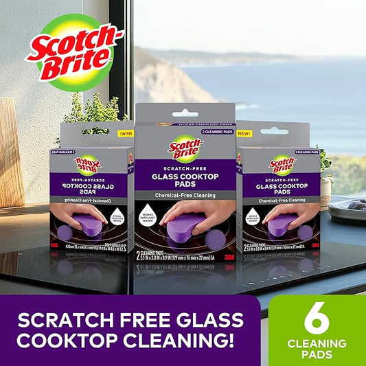 Scotch-Brite Glass Cooktop Pads, Scratch-Free & Non-Abrasive Scrubbers for Glass or Ceramic Stovetops, Cleans Burnt-On Messes with Just Water, Reusable Dishwasher-Safe Design (6 Pads)