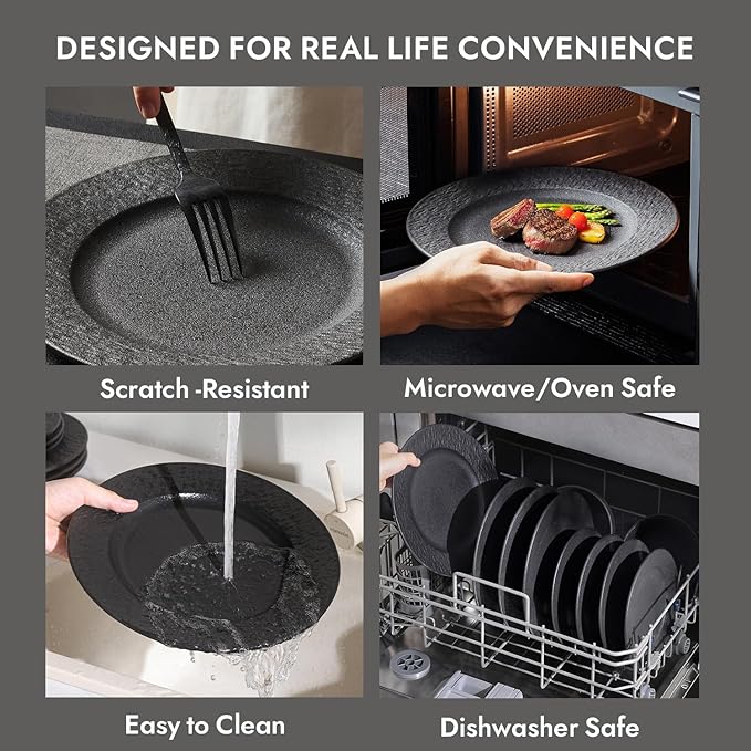 KINGSTONE Black Dinnerware Sets with flatware, 32-Piece Matte Marble Pattern Premium Porcelain, Place Setting with Dinner Plate, Salad Plate, Pasta Bowl, Microwave and Dishwasher Safe