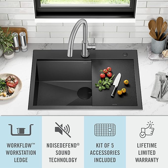 DELTA FAUCET Delta Rivet 30 Inch Black Stainless Steel Drop-In Top Mount 16 Gauge Workstation Kitchen Sink Single Bowl in PVD Gunmetal Finish with WorkFlow Ledge and Accessories, 95A9031-T30S-GS