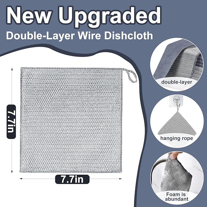 12PCS Wire Dishwashing Rag Non-Scratch: Multipurpose Wire Dishcloth for Wet and Dry - New Upgrade Double-Layer Dish Cloth Metal Cleaning Cloths with Microfiber for Kitchen, Sinks, Dishes, Stove Tops