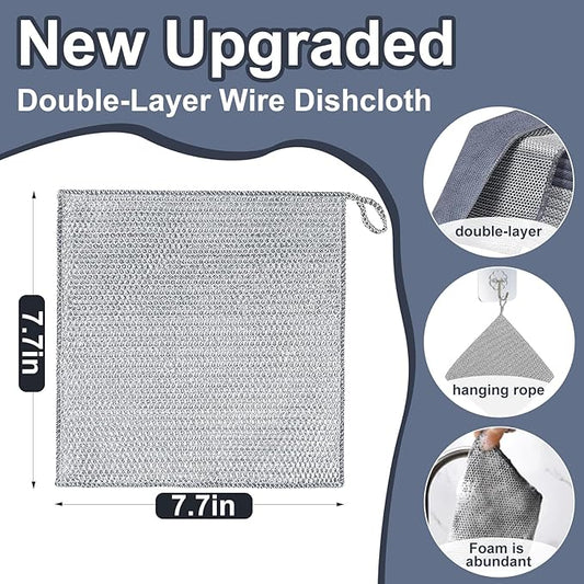 12PCS Wire Dishwashing Rag Non-Scratch: Multipurpose Wire Dishcloth for Wet and Dry - New Upgrade Double-Layer Dish Cloth Metal Cleaning Cloths with Microfiber for Kitchen, Sinks, Dishes, Stove Tops