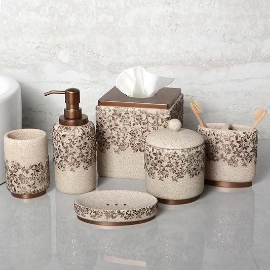 Decozen Bathroom Accessories Set 6Pcs – Soap Dispenser, Toothbrush Holder, Tumbler, Soap Dish & Cotton Swab Jar – Modern Bathroom Decor, Bath Set for Christmas Decor