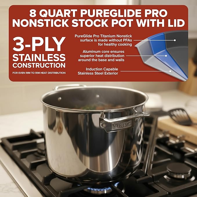 Viking PureGlide Pro 3-Ply Nonstick Stock Pot, Made without PFAS, 8-Quart Induction Soup and Pasta Cooking Pot with Lid, Metal Utensil Safe Titanium Nonstick Surface, Oven Safe to 600F