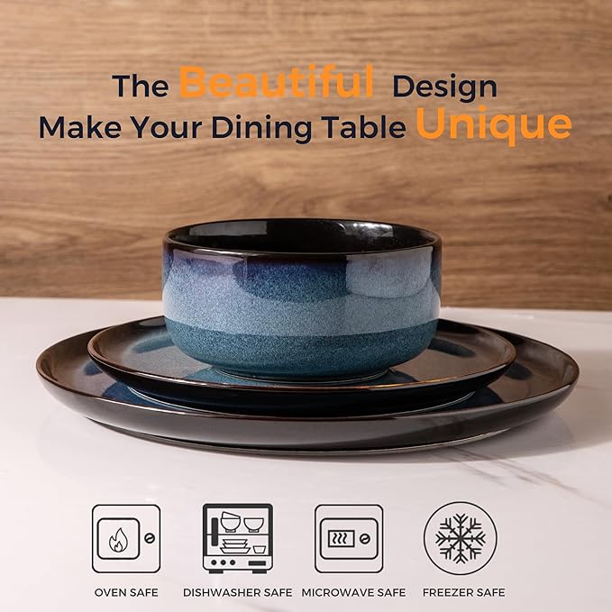 LERATIO Ceramic Dinnerware Sets for 8,Stoneware Plates and Bowls Sets,Reactive Glaze Dishes Set,Highly Chip and Crack Resistant | Dishwasher & Microwave & Oven Safe Dishes set,Service for 8-Blue(24pc)