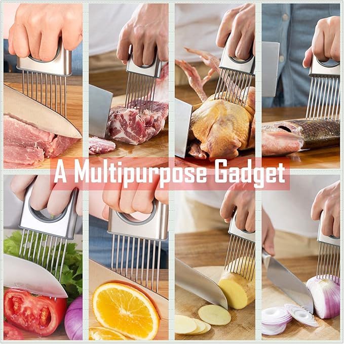 Best Utensils Onion Holder Slicer Vegetable Tools Stainless Steel Easy Onion Holder Slicing Guide Vegetable Tomato Lemon Meat Holder Slicer Tools Cutter, Cutting Kitchen Gadget, Silver