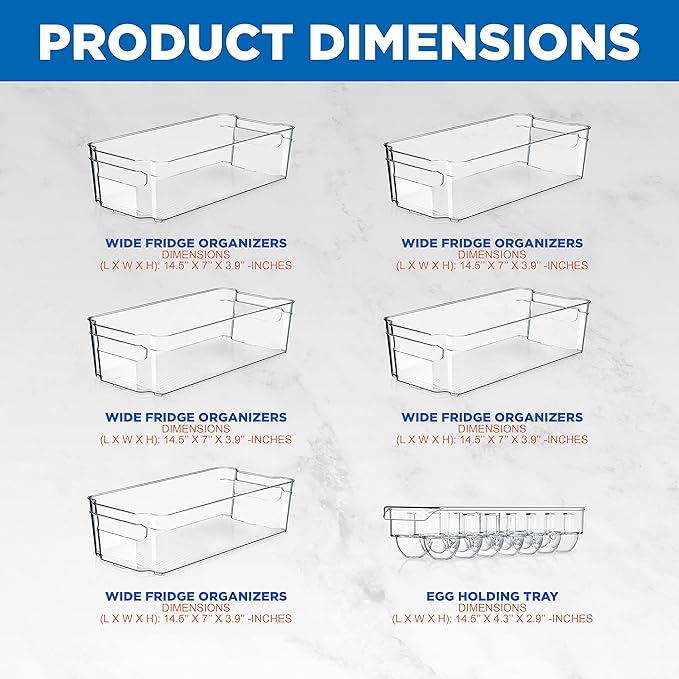 NutriChef Refrigerator Set Organizer Bins - Stackable Clear Plastic Bin with Handles, Egg Tray - For Fridge, Freezer, Kitchen, Cabinet, Countertops, Pantry - BPA Free Food Storage Rack