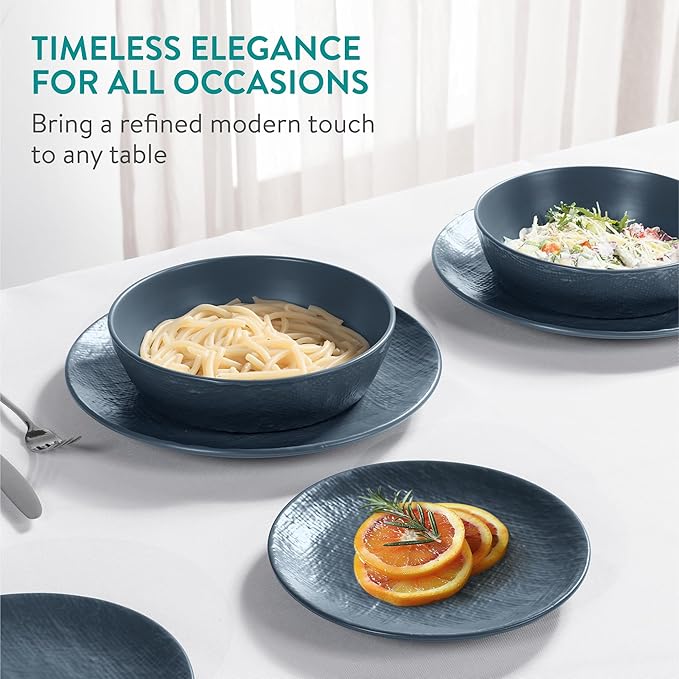 Navaris Linen Artisan Stoneware Dinnerware Set - 18 Pieces in Smoky Blue: Dinner Plates, Side Plates, Pasta Bowls - Dishwasher & Microwave Safe